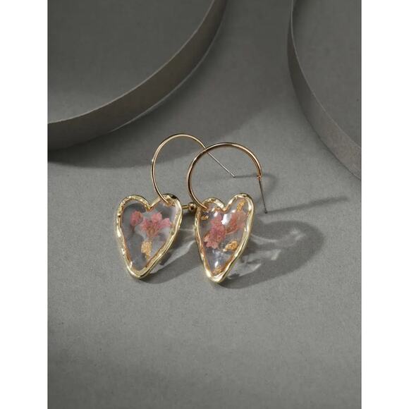 Jewelry - Resin Love Heart Pendant Hoop Earrings, 18K Gold Plated Sweet Style Earrings